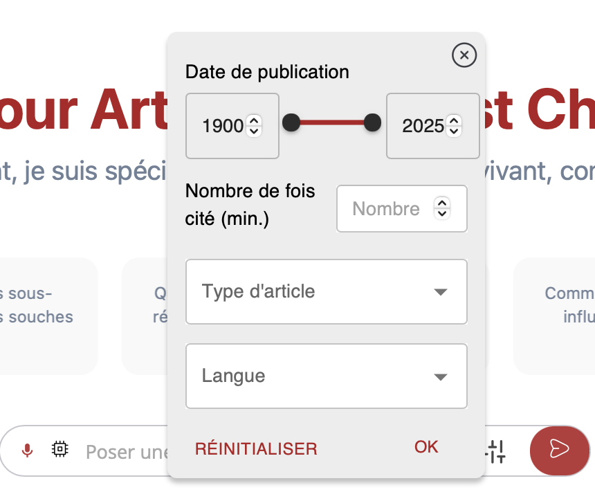 Utilisation des filtres (date, type d'article, langue) dans Charlie