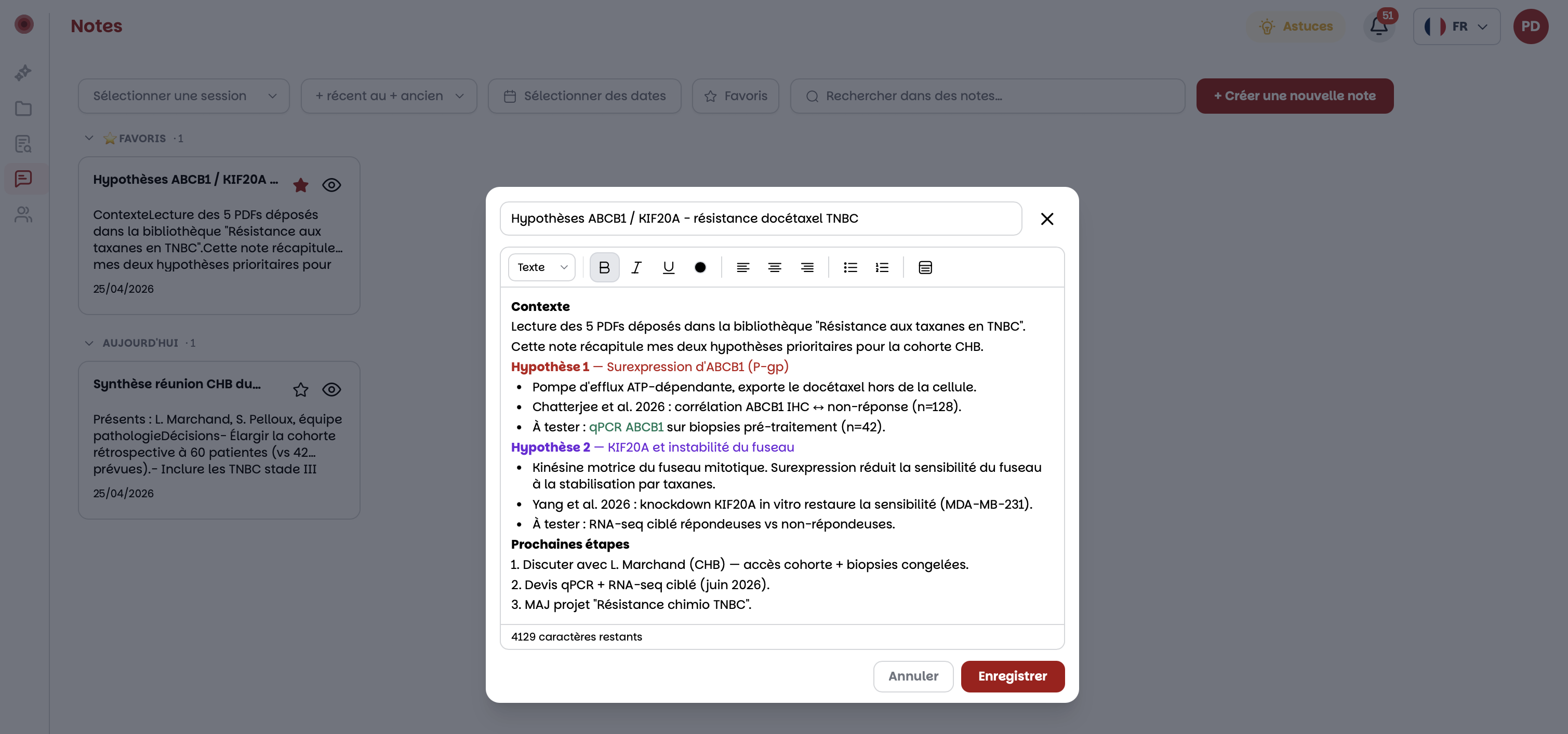Édition d'une note avec mise en forme enrichie
