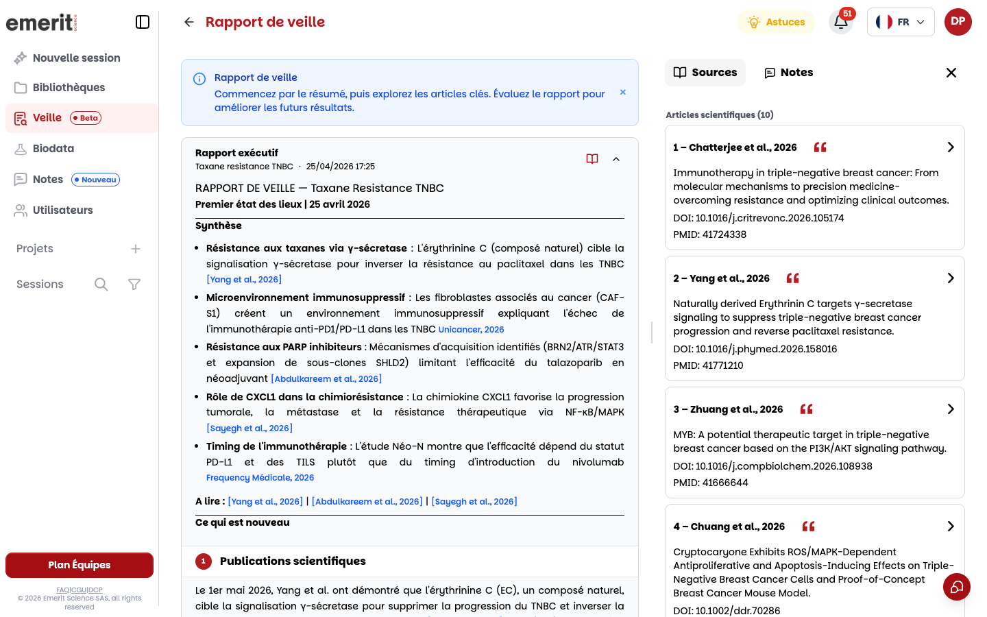 Rapport de veille avec panneau de sources